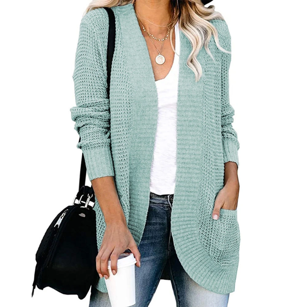 Cardigan Long Sleeve Pocket Pure Color Fashionable Casual Curved Hem Tops for Women Pea Green L