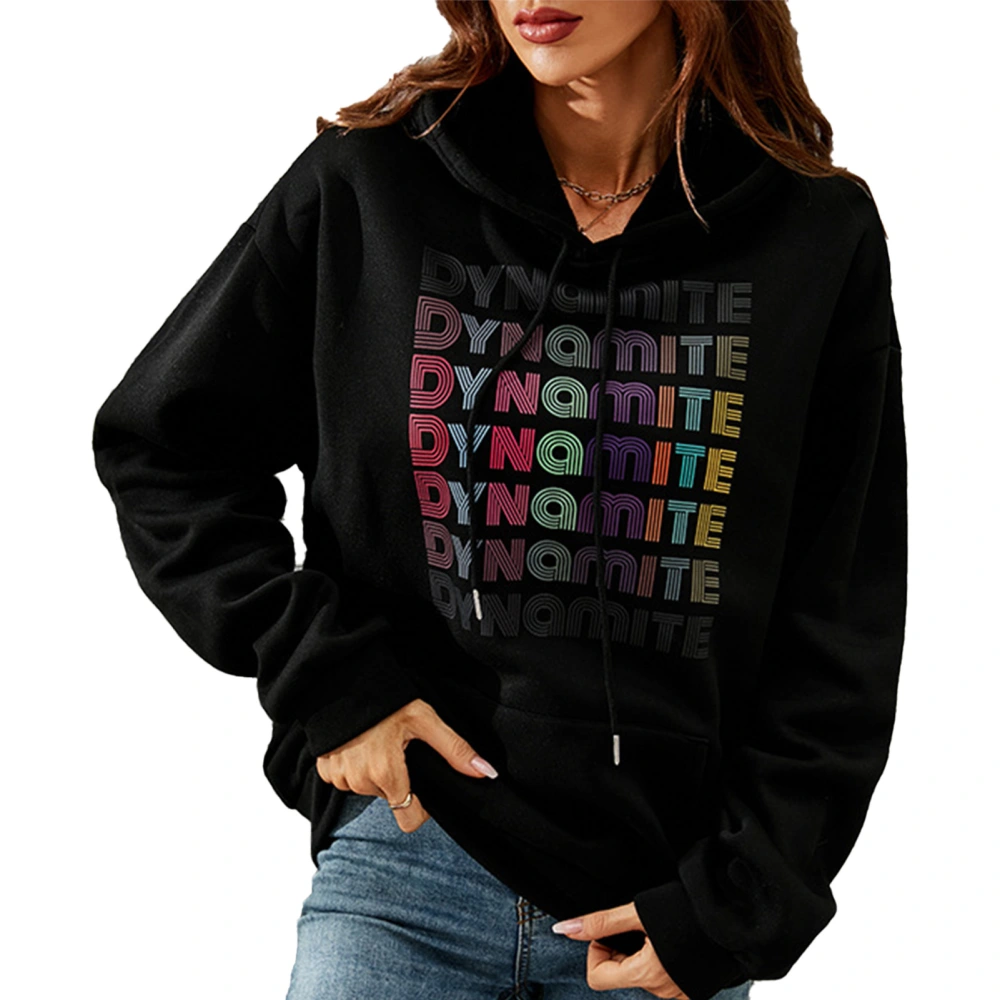 Women Pullover Hoodies Colorful English Printing Drawstring Long Sleeves Kangaroo Pocket Classic Hooded Pullover Top Black L