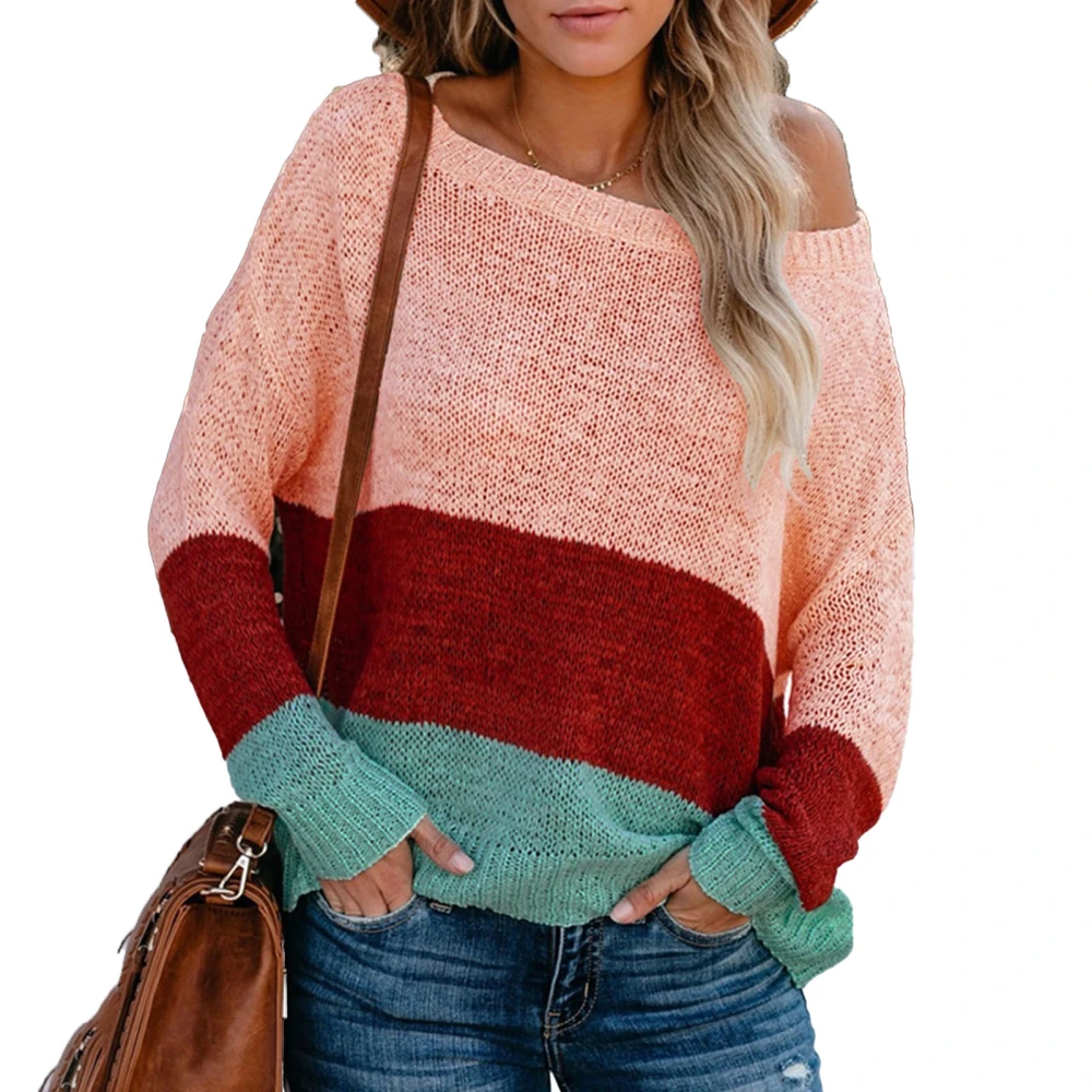 Woman Round Neck Long Sleeve Sweater Striped Color Block Off Shoulder Oversized Knit Pullover Pink M