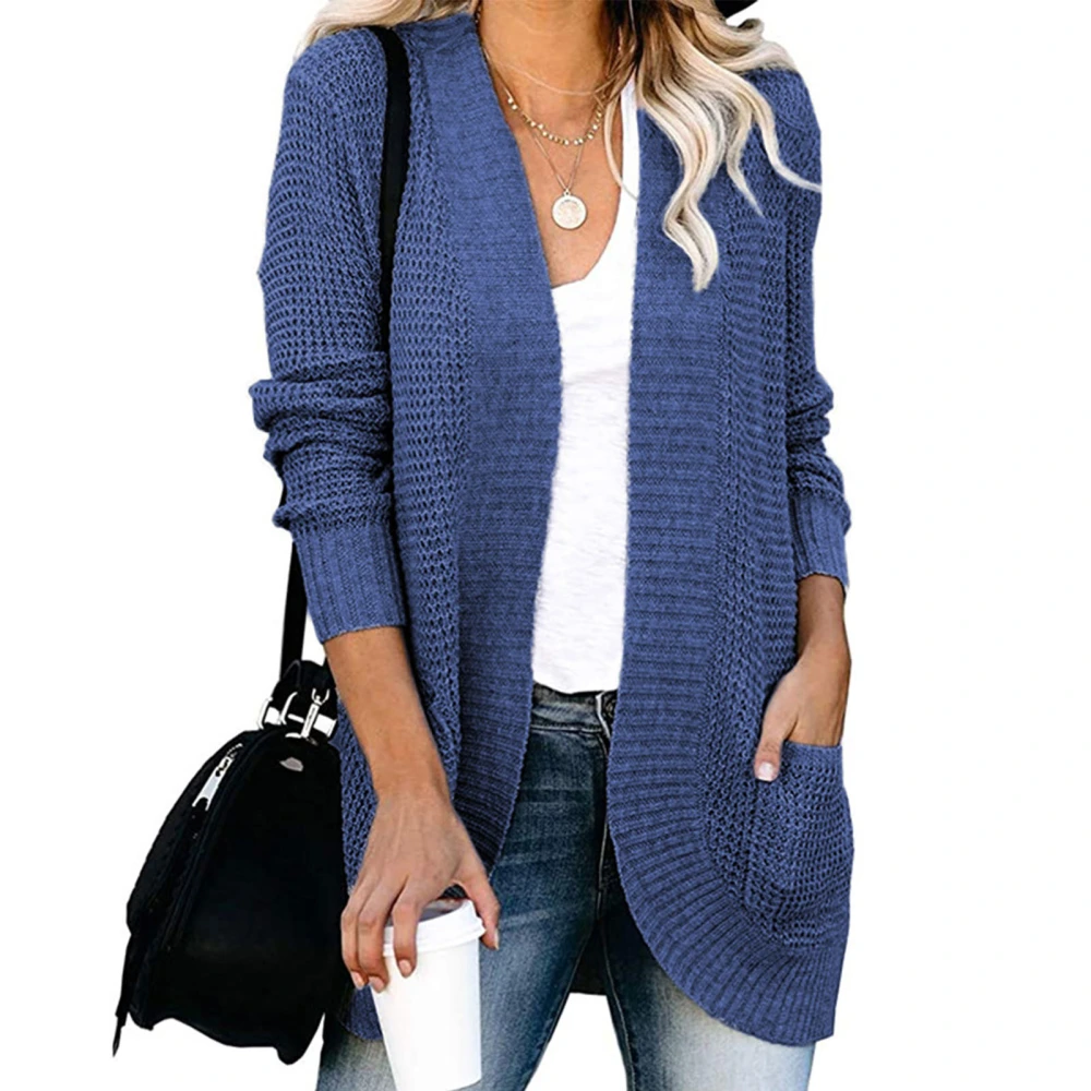 Cardigan Long Sleeve Pocket Pure Color Fashionable Casual Curved Hem Tops for Women Denim Blue XL