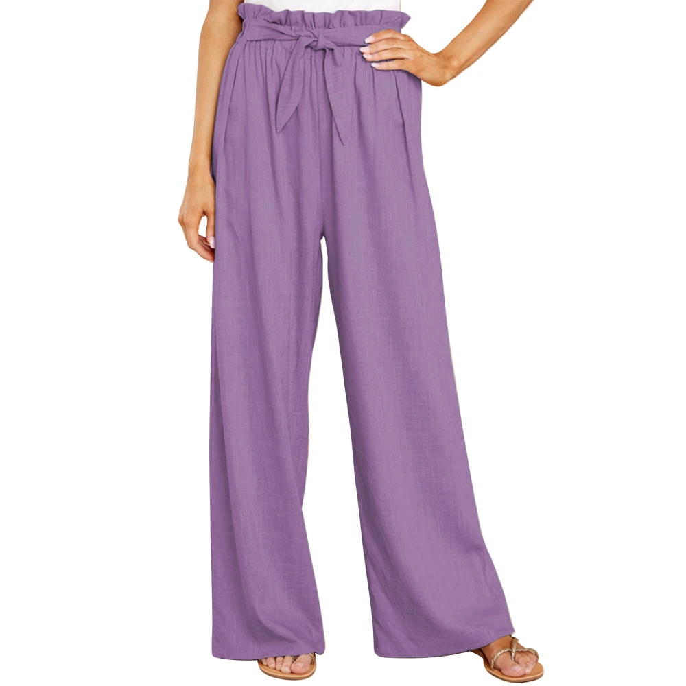 Long Lounge Pants Wide Leg Pure Color Stylish Belted Long Pants for Daily Life Party Purple M