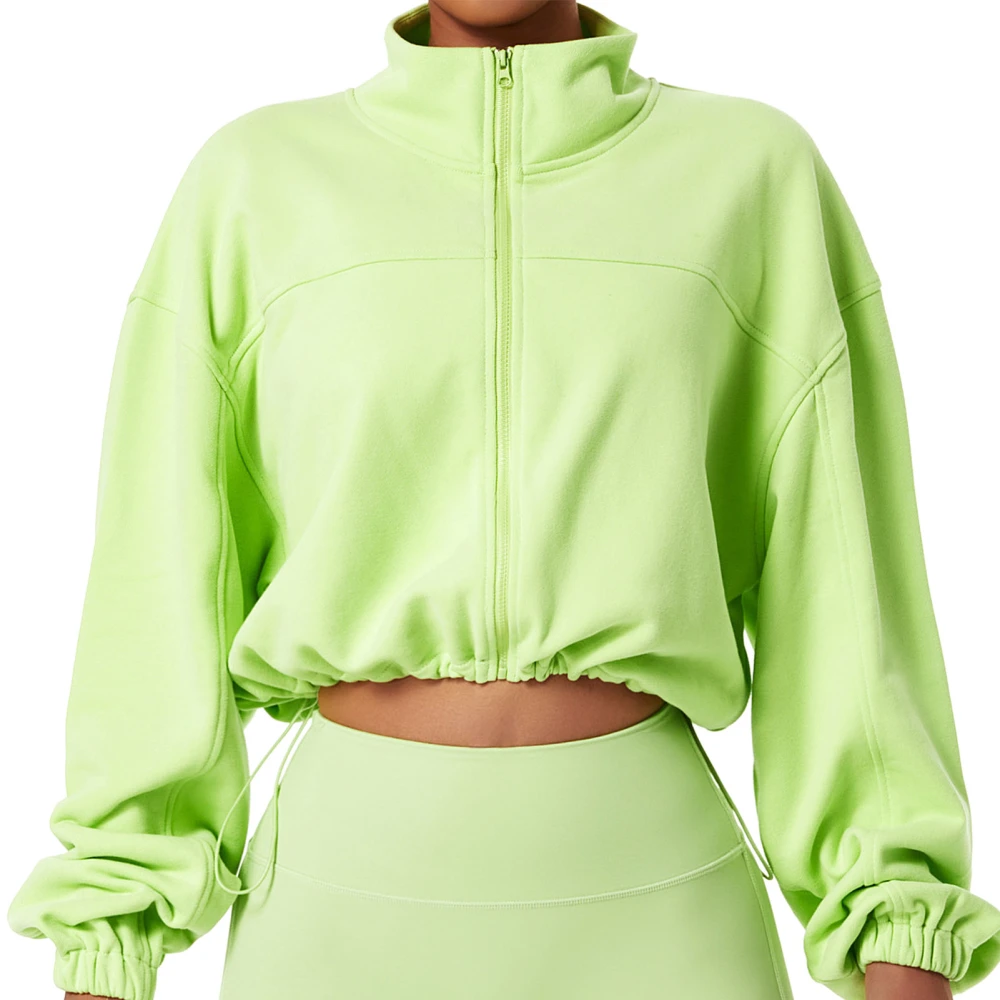 Yoga Running Cropped Jacket Loose Long Sleeve Full Zip Stand Collar Solid Color Activewear for Women Lime Green M