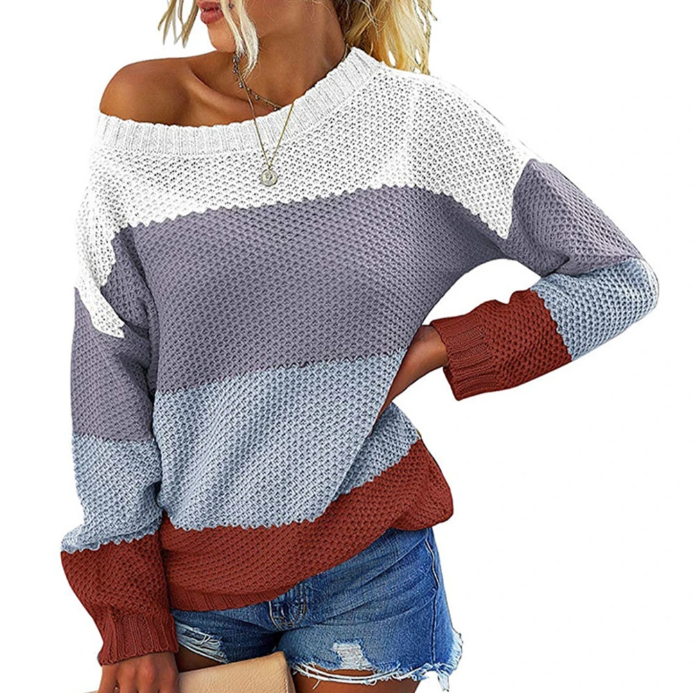 Women Pullover Sweater Long Sleeve Off Shoulder Crew Neck Knitwear for Home Office Blue S