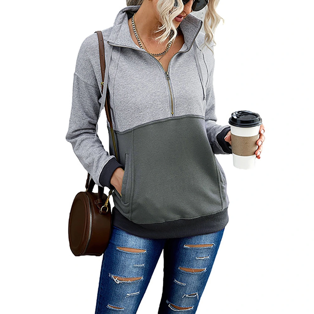 Women Sweatshirt Long Sleeve Half Cardigan V Neck Color Splicing Casual Comfortable Polyester Pullover Hoodie for Daily Grey XL