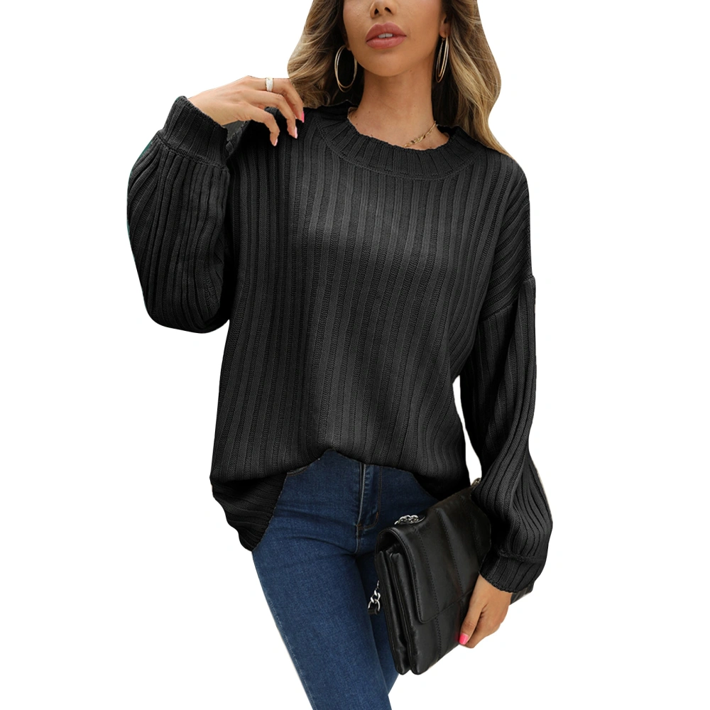 Women Crewneck Rib Knit Sweater Autumn Winter Loose Casual Pure Color Pullover Sweater for Shopping Black S