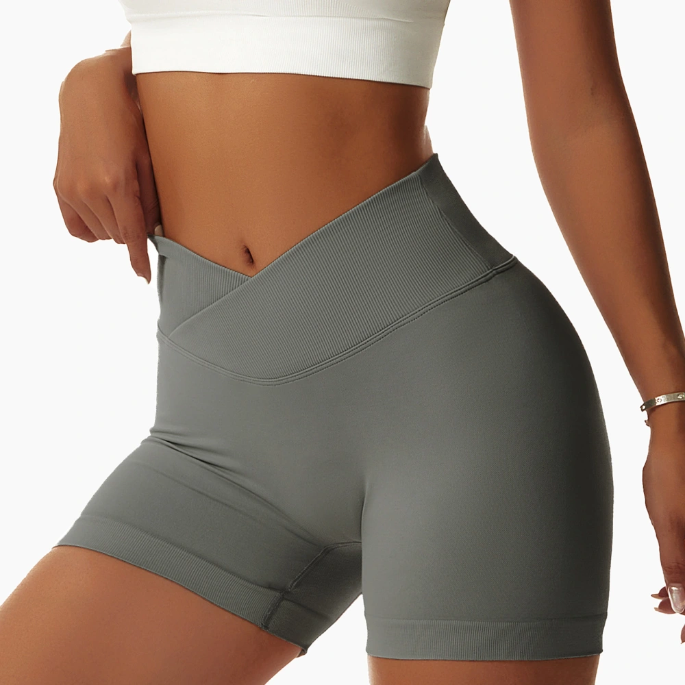 Women Wrap High Waist Workout Shorts Pure Color Elastic Breathable Seamless Athletic Yoga Shorts Grey S