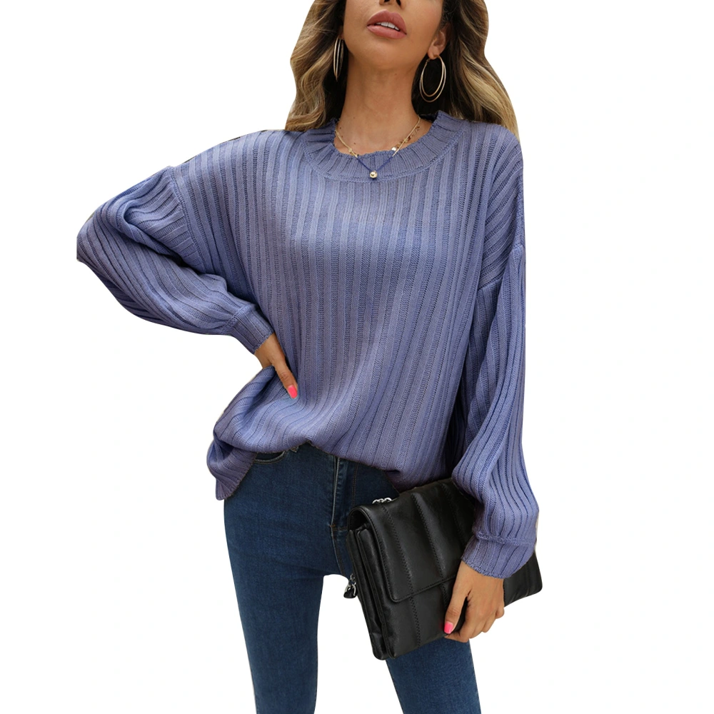 Women Crewneck Rib Knit Sweater Autumn Winter Loose Casual Pure Color Pullover Sweater for Shopping Blue L