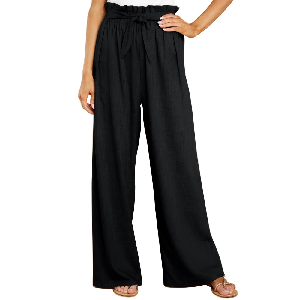 Long Lounge Pants Wide Leg Pure Color Stylish Belted Long Pants for Daily Life Party Black S