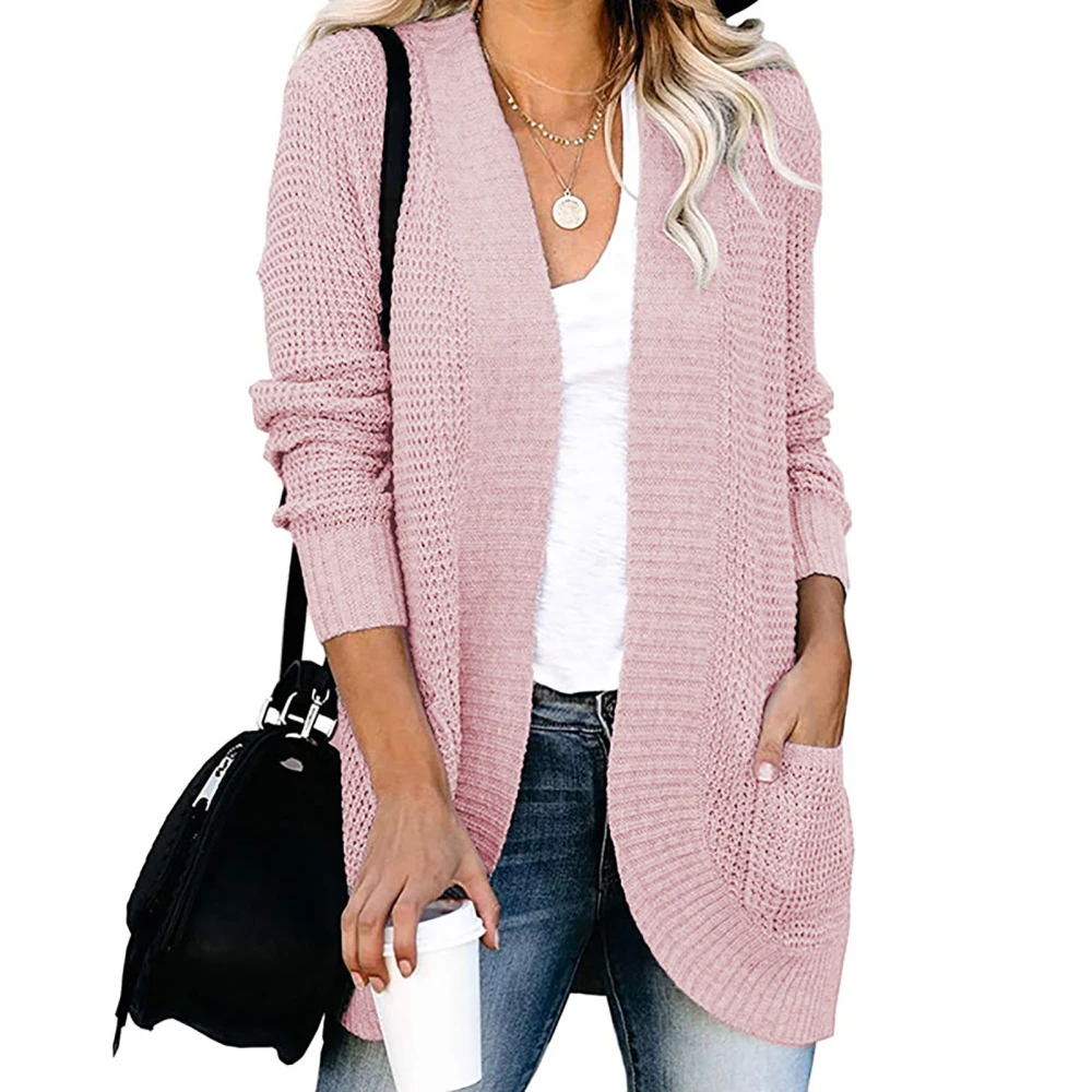 Cardigan Long Sleeve Pocket Pure Color Fashionable Casual Curved Hem Tops for Women Pink L