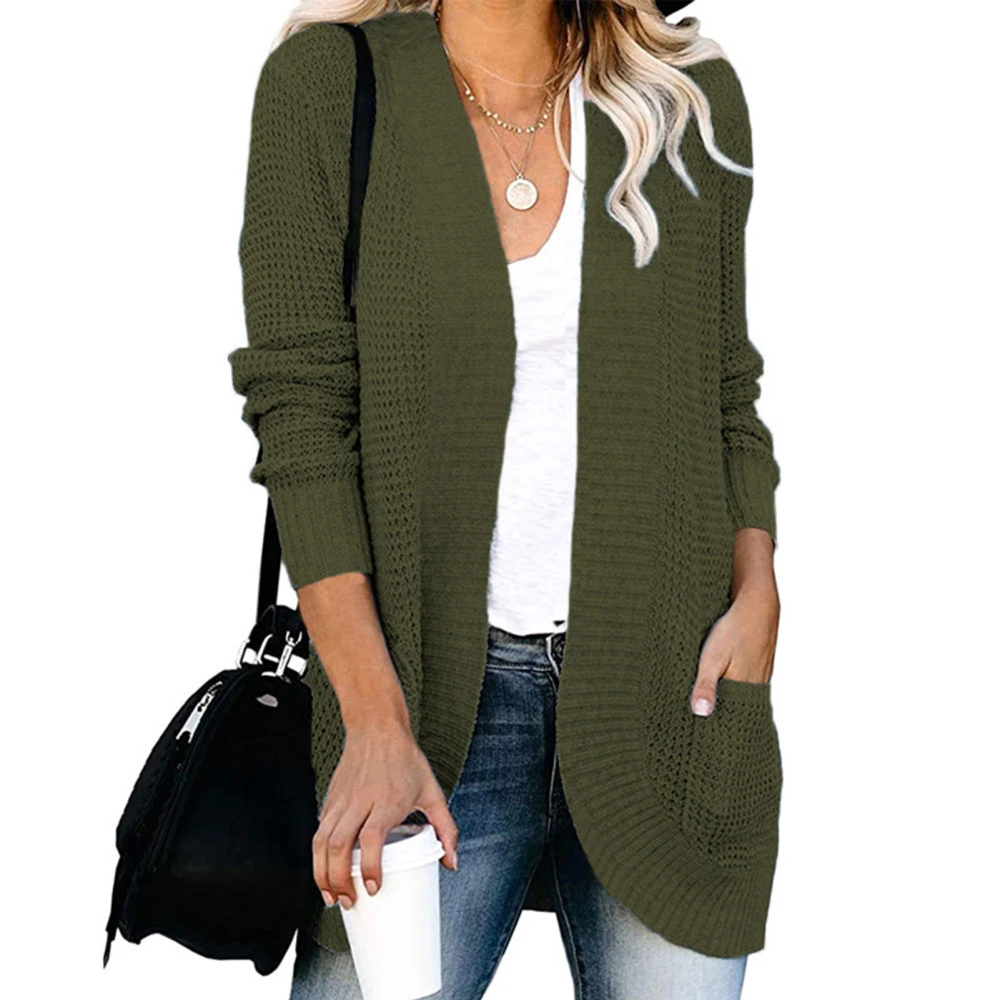 Cardigan Long Sleeve Pocket Pure Color Fashionable Casual Curved Hem Tops for Women OD Green L