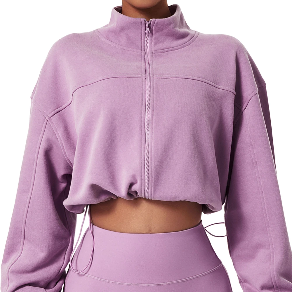 Yoga Running Cropped Jacket Loose Long Sleeve Full Zip Stand Collar Solid Color Activewear for Women Taro Purple XL