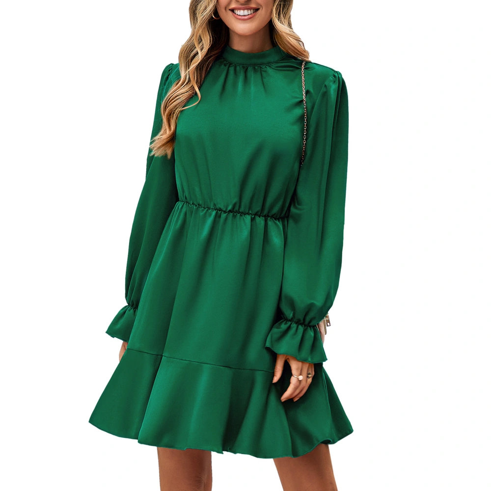 Pure Color Long Sleeve Ruffle Dress Half High Neck Casual A Line Patchwork Dress for Women Autumn Winter Dark Green L