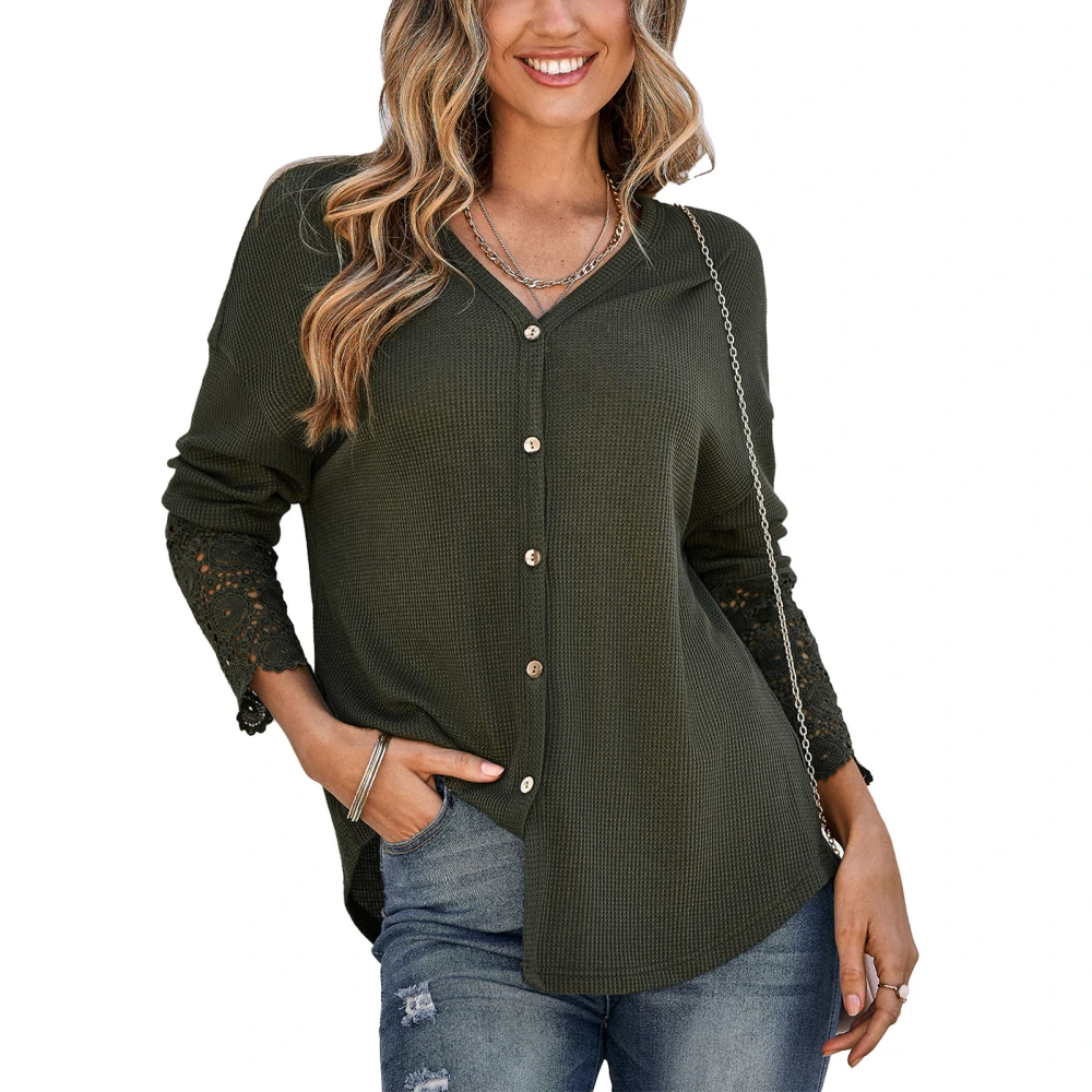 V Neck Single Breasted Blouse Polyester Lace Panel Long Sleeves Women Shirt for Autumn and Winter Green XL