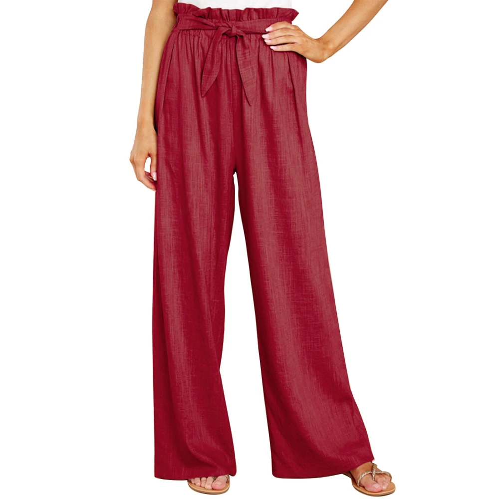 Long Lounge Pants Wide Leg Pure Color Stylish Belted Long Pants for Daily Life Party Wine Red M