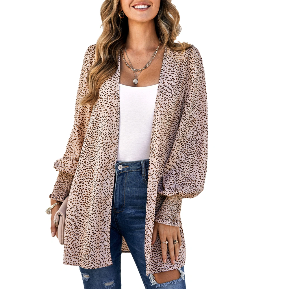 Women Lantern Sleeve Cardigan Fashionable Classic Leopard Print Fall Winter Long Sleeves Printed Shirts Tops Apricot M