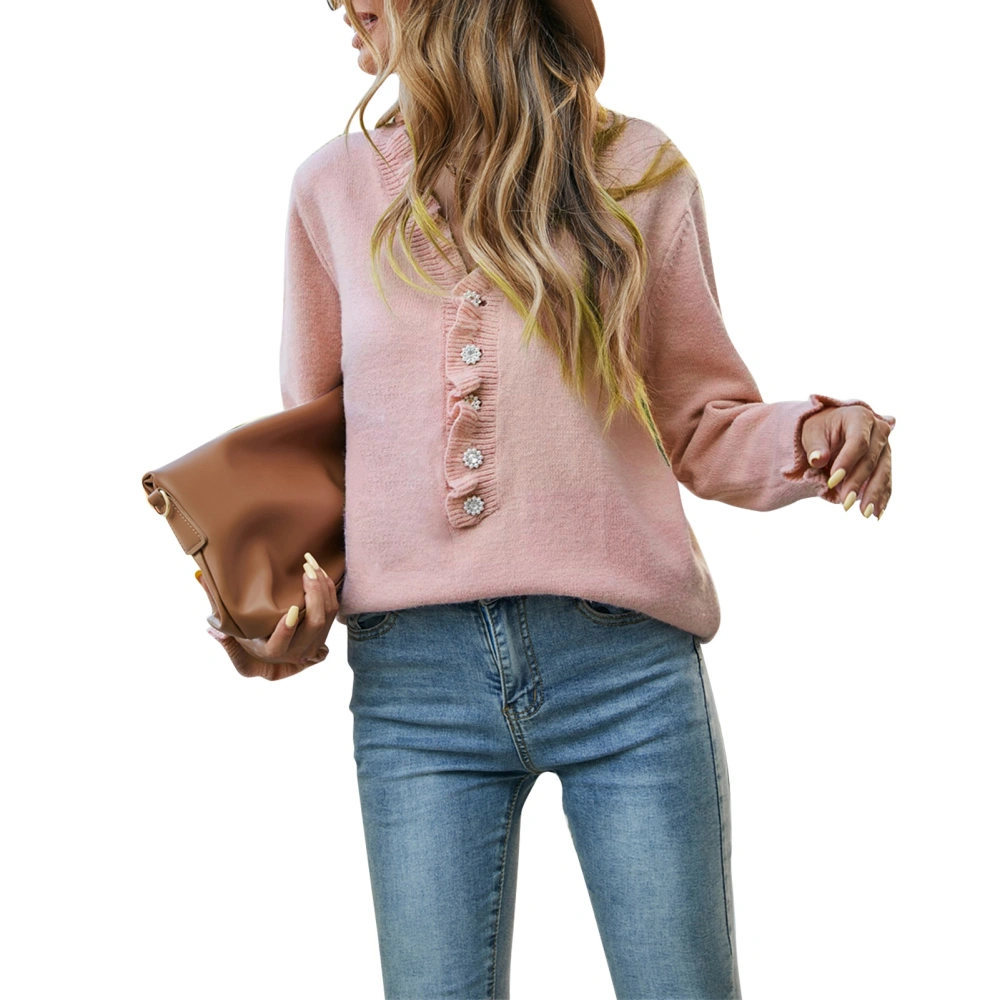 Women Sweater Autumn Winter Button Stringy Selvedge Design V Neck Loose Comfortable Skin Friendly Knitted Sweater Pink M