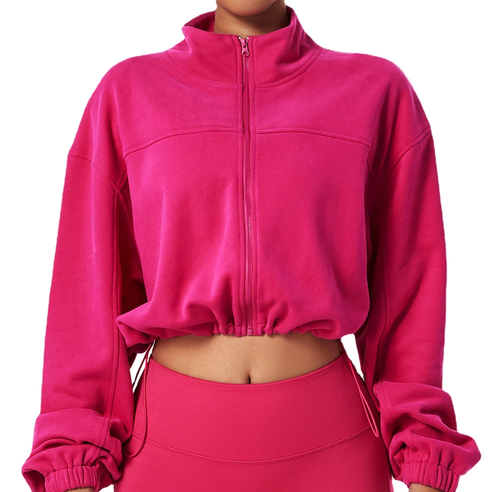 Yoga Running Cropped Jacket Loose Long Sleeve Full Zip Stand Collar Solid Color Activewear for Women Carmine L