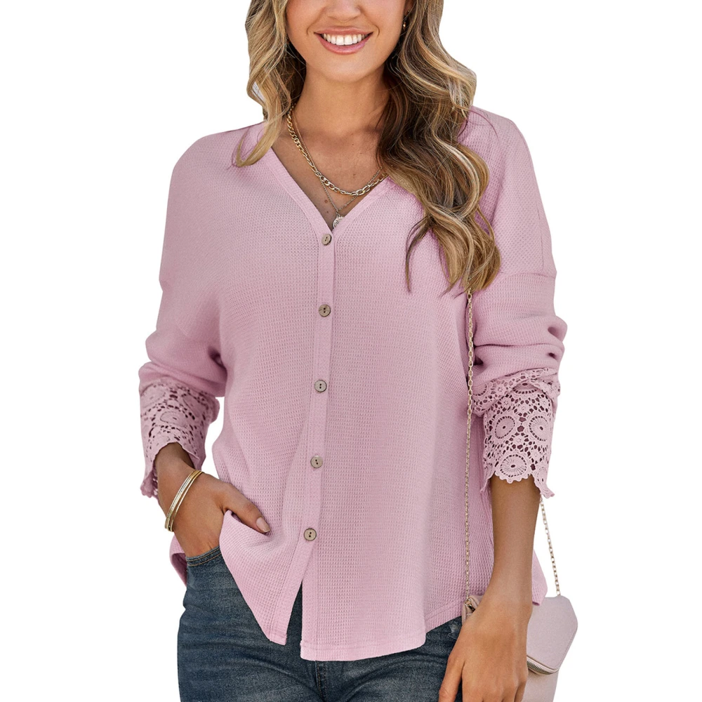 V Neck Single Breasted Blouse Polyester Lace Panel Long Sleeves Women Shirt for Autumn and Winter Pink L