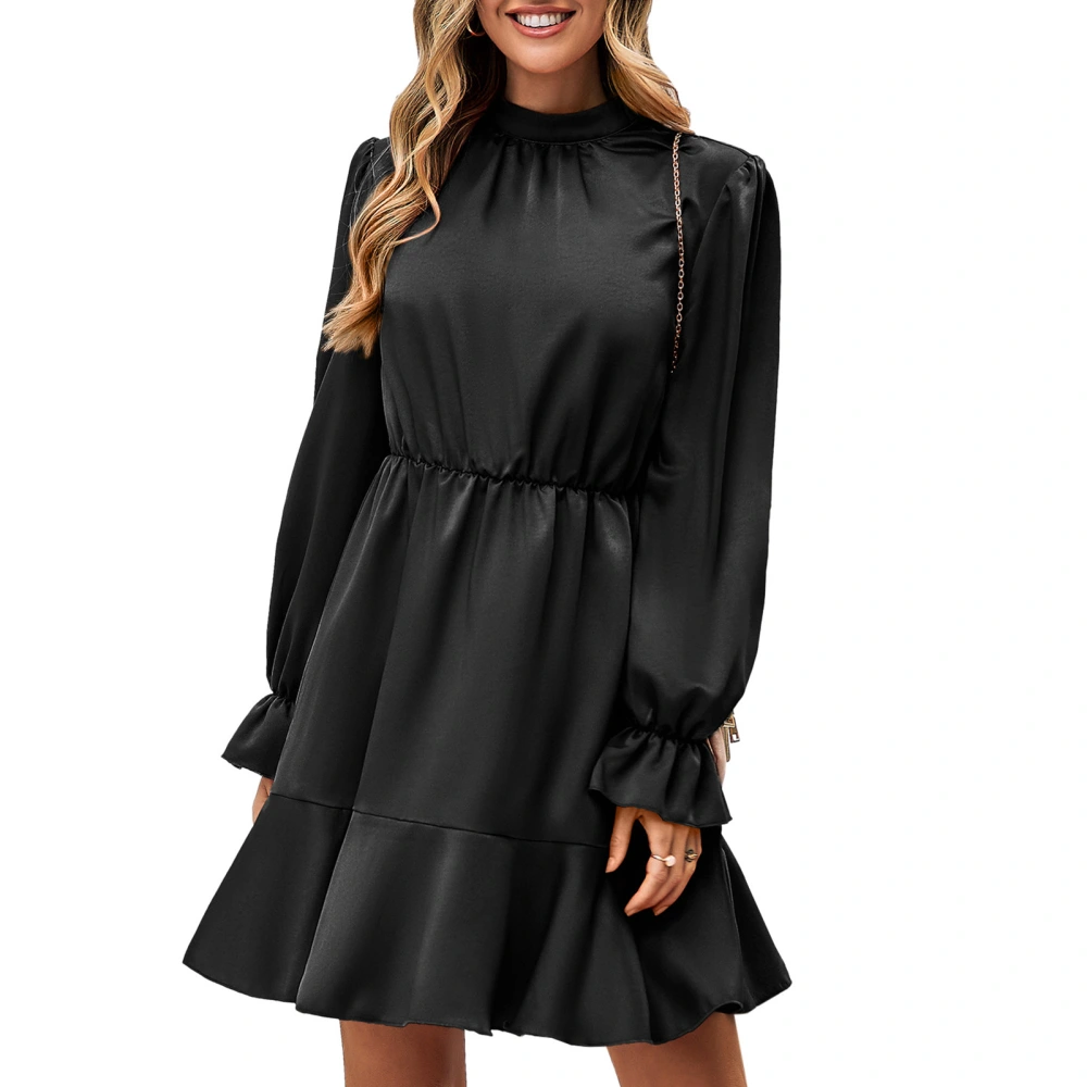 Pure Color Long Sleeve Ruffle Dress Half High Neck Casual A Line Patchwork Dress for Women Autumn Winter Black L