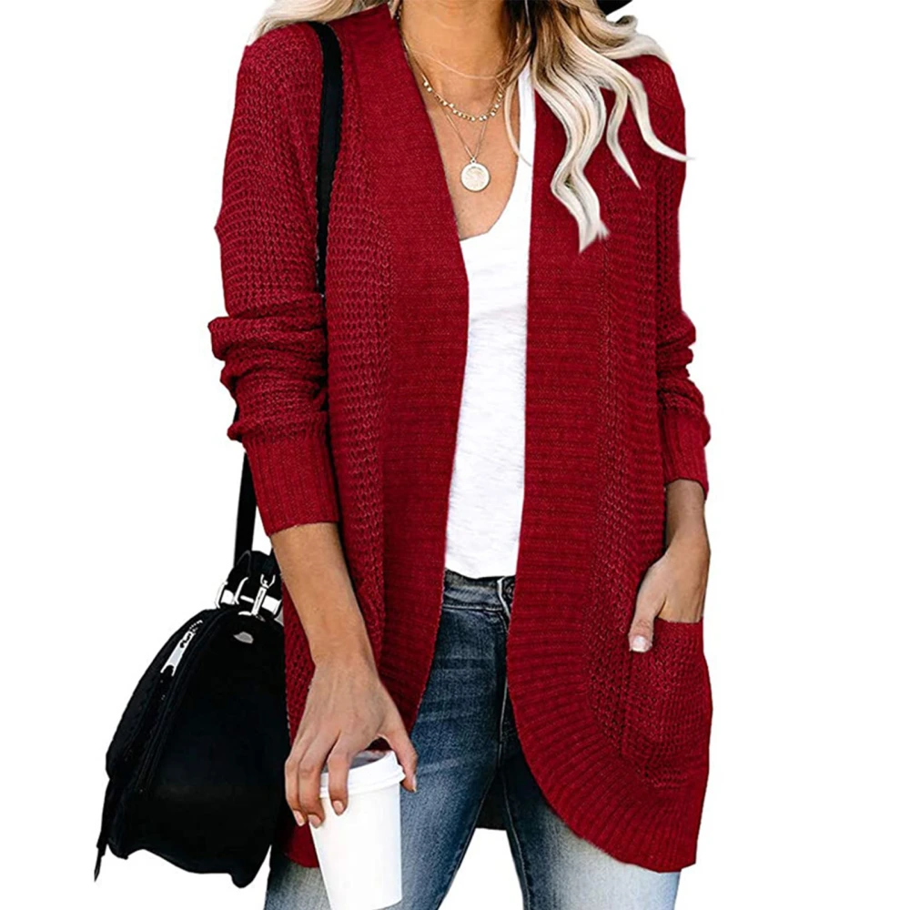 Cardigan Long Sleeve Pocket Pure Color Fashionable Casual Curved Hem Tops for Women Wine Red L