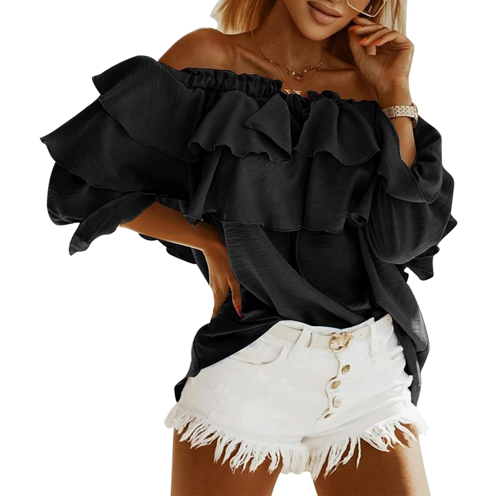 Women Off Shoulder Blouse Layered Ruffle Long Sleeve Ruched Bust Loose Pure Color Top for Lady Black XXL