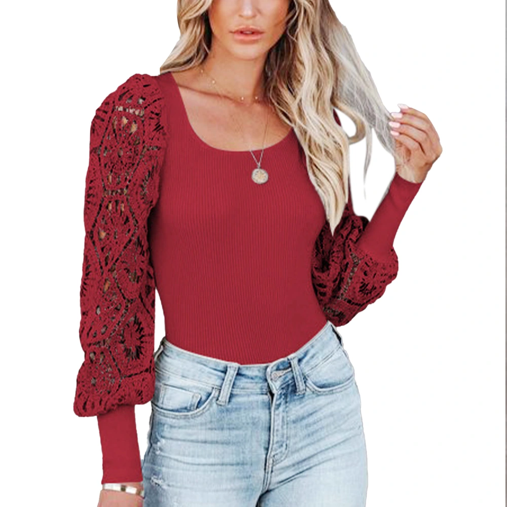 Women Rectangular Neck Pullover Blouses Long Lantern Sleeve Casual Tops Women Ribbed Knit Shirts for Shopping Party Wine Red S