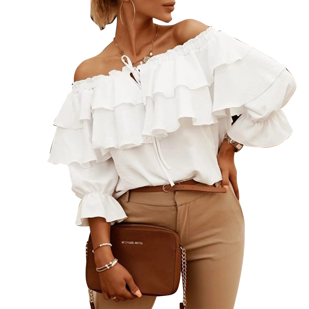 Women Off Shoulder Blouse Layered Ruffle Long Sleeve Ruched Bust Loose Pure Color Top for Lady White XXL