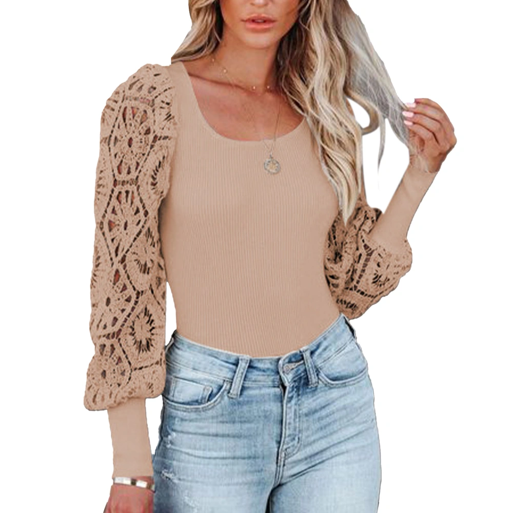 Women Rectangular Neck Pullover Blouses Long Lantern Sleeve Casual Tops Women Ribbed Knit Shirts for Shopping Party Khaki XL