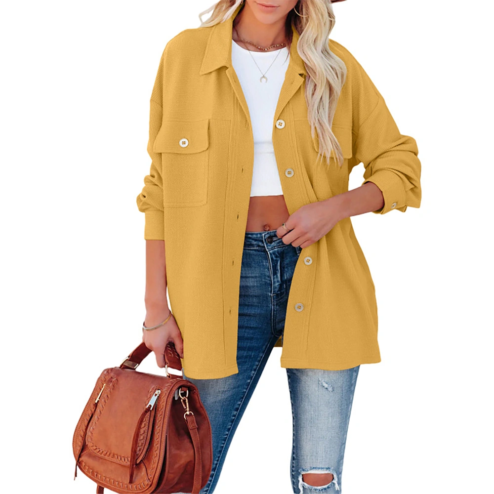 Women Blouse Long Sleeve Shirt Pure Colour Button Down Side Pockets for Home Office Yellow S