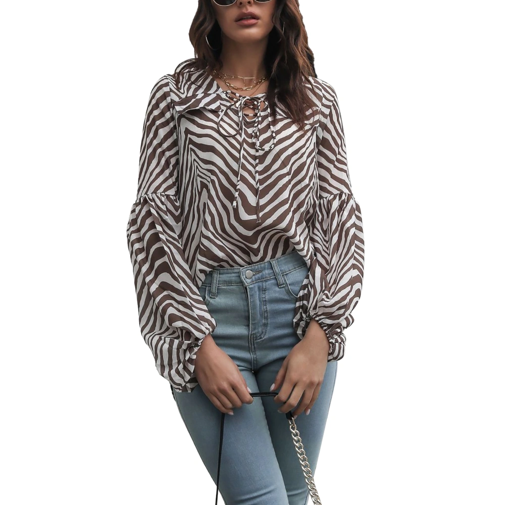 Blouse V Neck Drawstring Puff Long Sleeve Striped Print Casual Fashionable Tops for Women Brown Stripes XL