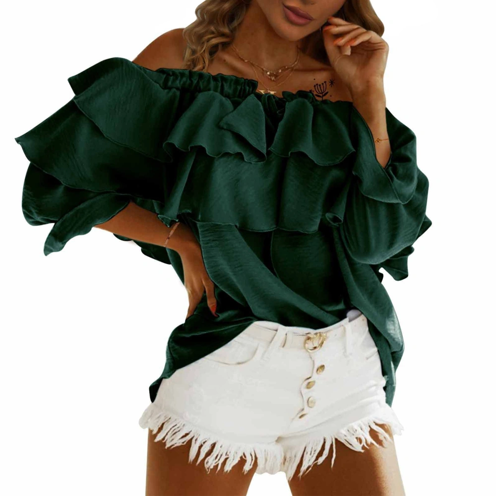 Women Off Shoulder Blouse Layered Ruffle Long Sleeve Ruched Bust Loose Pure Color Top for Lady Green XL