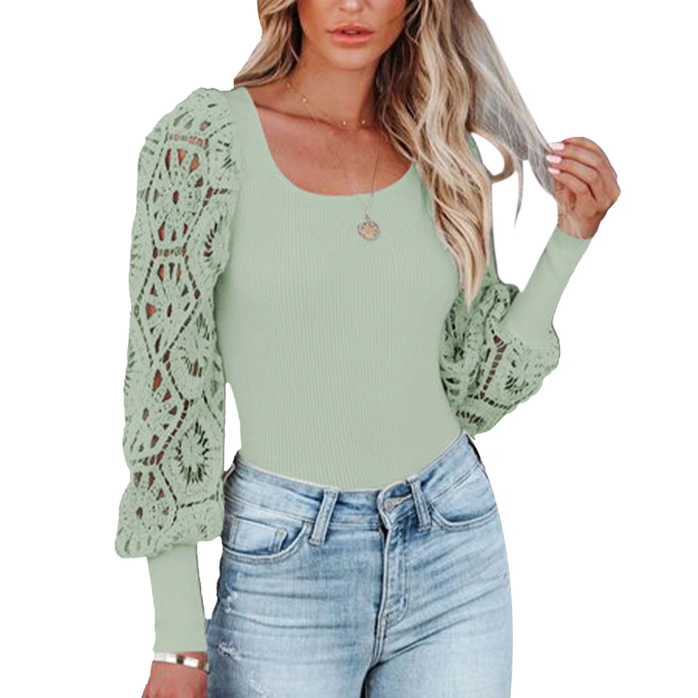 Women Rectangular Neck Pullover Blouses Long Lantern Sleeve Casual Tops Women Ribbed Knit Shirts for Shopping Party Mint Green S