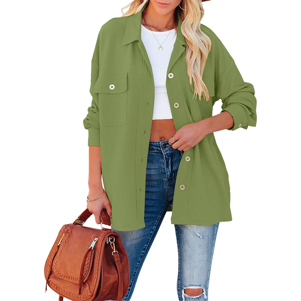 Women Blouse Long Sleeve Shirt Pure Colour Button Down Side Pockets for Home Office OD Green S