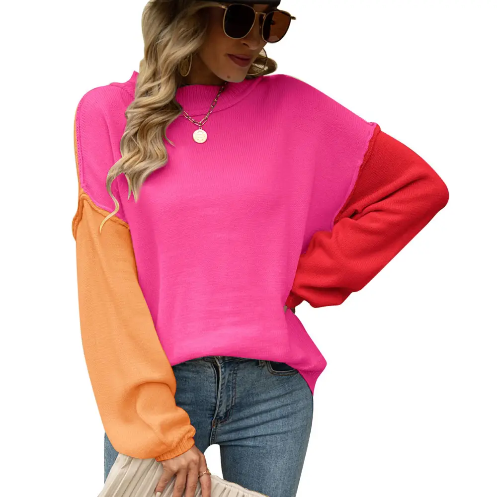 Knit Sweater Color Blocking Round Neck Pullover Drop Shoulder Long Sleeve Sweater For Women Rose Red M