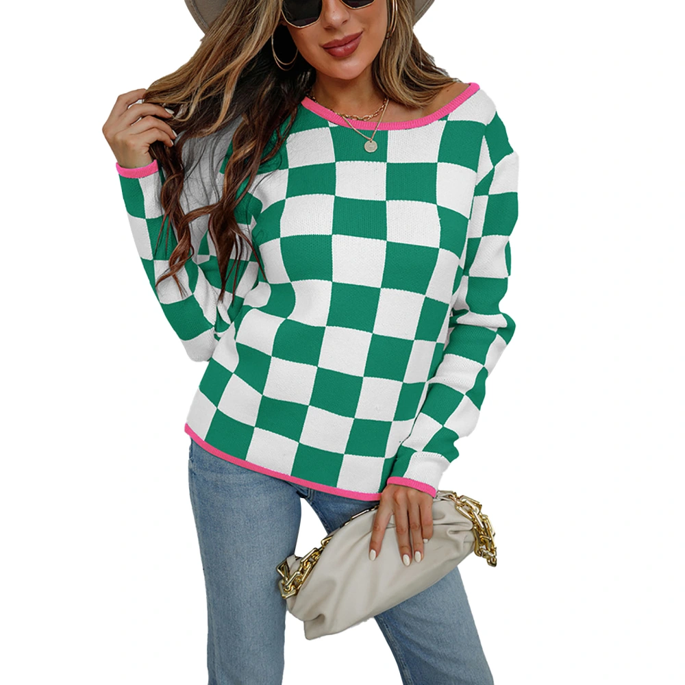 Women Knitted Sweater Round Neck Off Shoulder Plaid Print Color Splicing Pullover Sweater for Early Autumn Green M