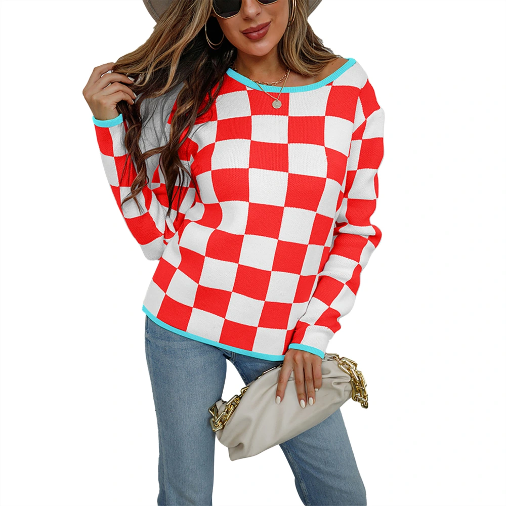 Women Knitted Sweater Round Neck Off Shoulder Plaid Print Color Splicing Pullover Sweater for Early Autumn Red S