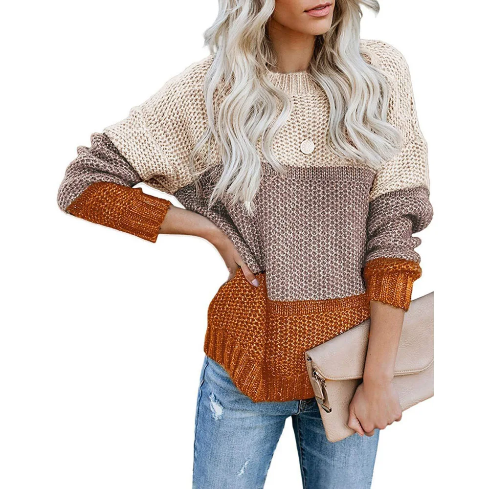 Women Color Block Knit Sweater Crew Neck Long Sleeve Casual Loose Pullover Jumper Tops for Winter Yellow and Brown M