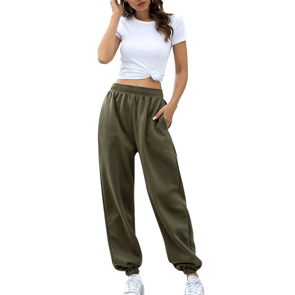 Women Long Pants Elastic Waist Pure Color Ankle Banded Design Extra Fluff Adding Fashion Female Trouser OD Green M