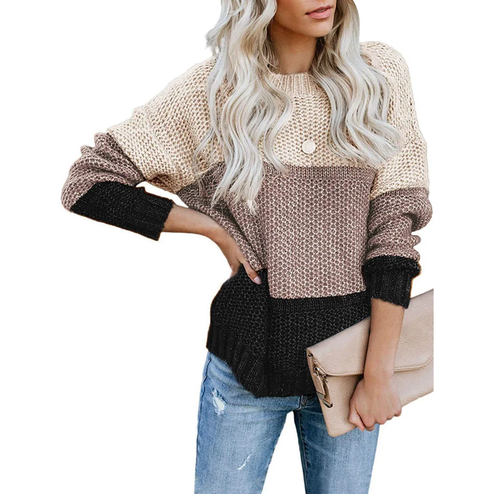 Women Color Block Knit Sweater Crew Neck Long Sleeve Casual Loose Pullover Jumper Tops for Winter Black S