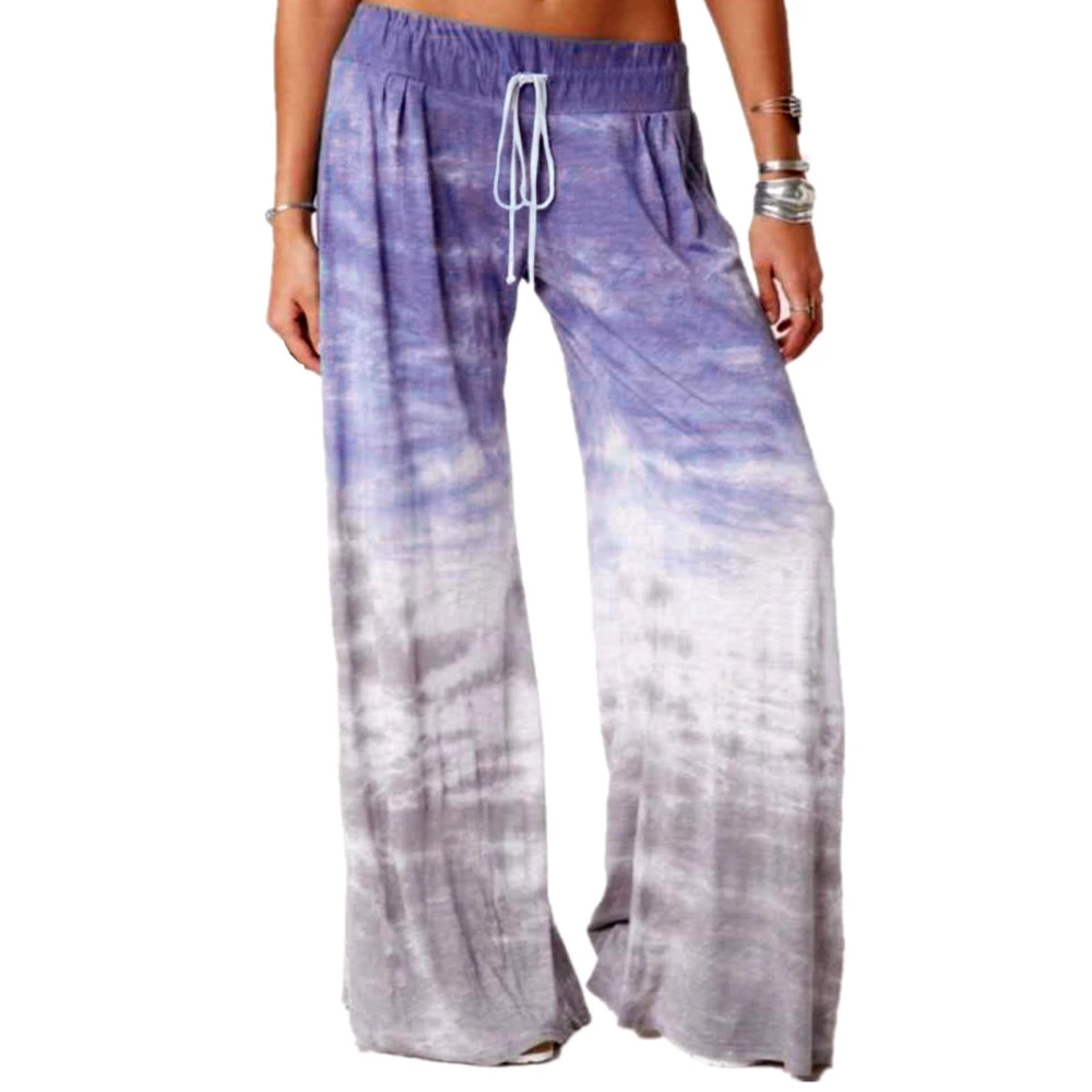 Loose Pants Wide Leg High Waist Gradient Drawstring Adjustable Waist Belt Printing Casual Trousers Purple M