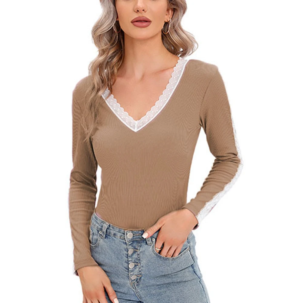 Slim Fit Base Shirt Lace V Neck Long Sleeve Thick Comfortable Basic Tops for Women Khaki XL