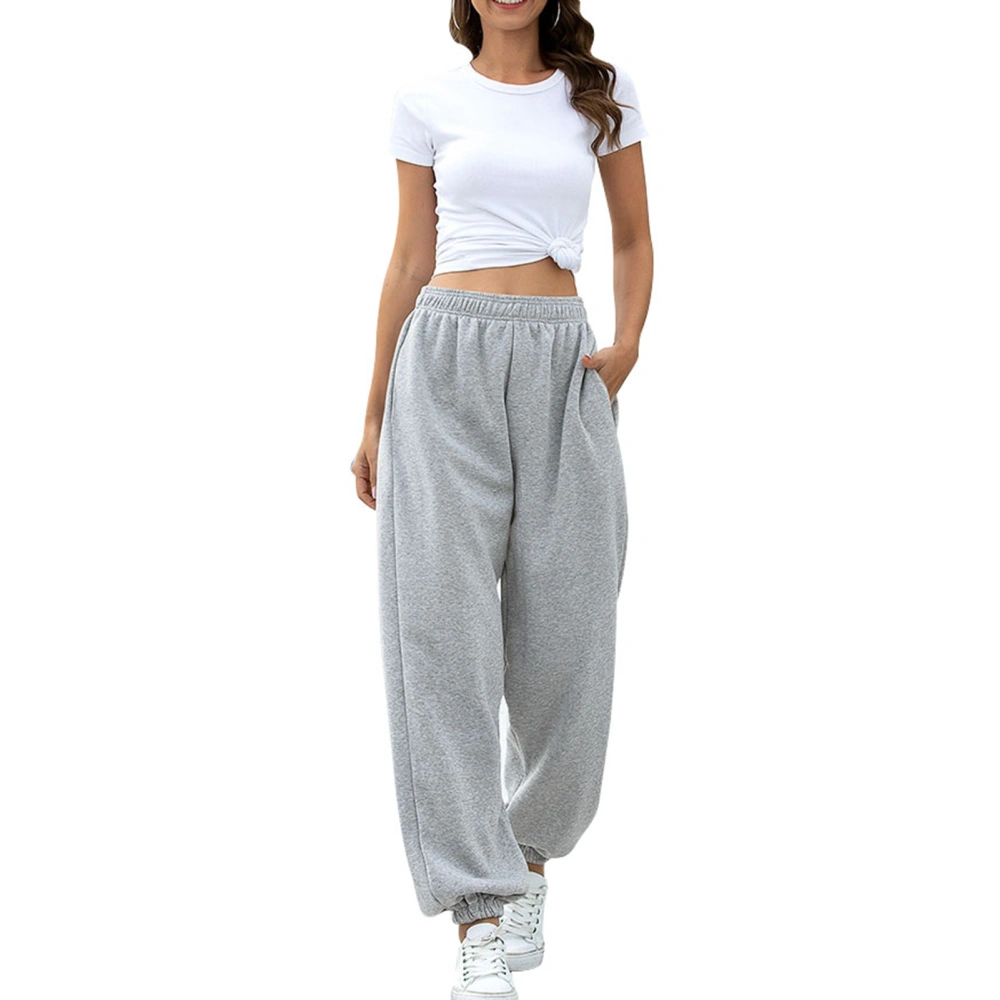 Women Long Pants Elastic Waist Pure Color Ankle Banded Design Extra Fluff Adding Fashion Female Trouser Grey XXL