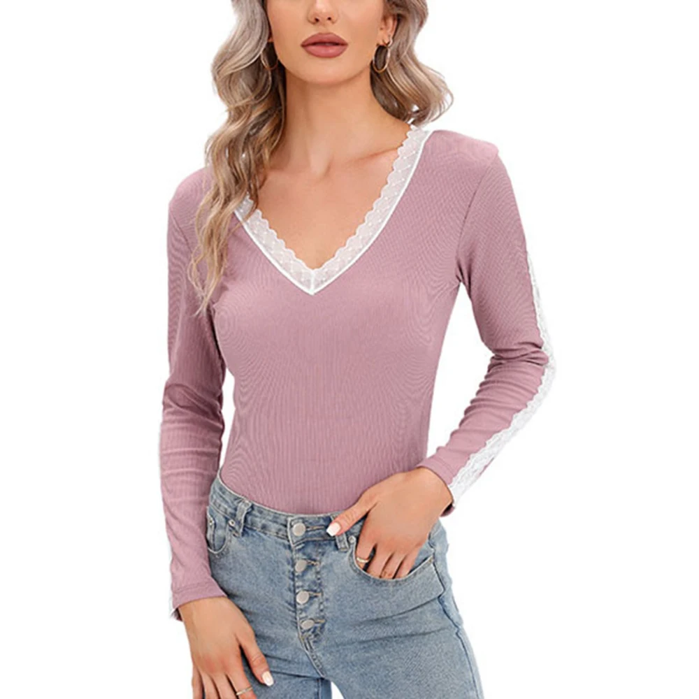 Slim Fit Base Shirt Lace V Neck Long Sleeve Thick Comfortable Basic Tops for Women Pink and Purple L