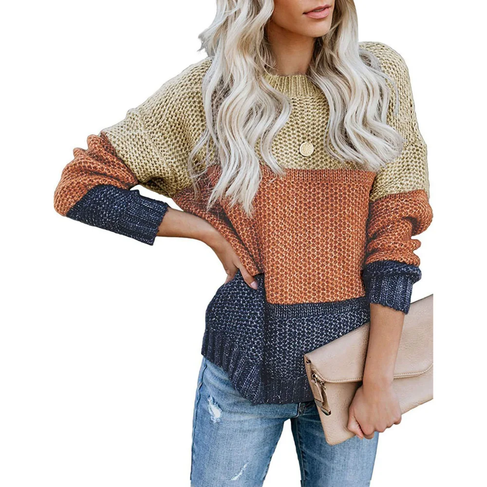 Women Color Block Knit Sweater Crew Neck Long Sleeve Casual Loose Pullover Jumper Tops for Winter Blue and Yellow M