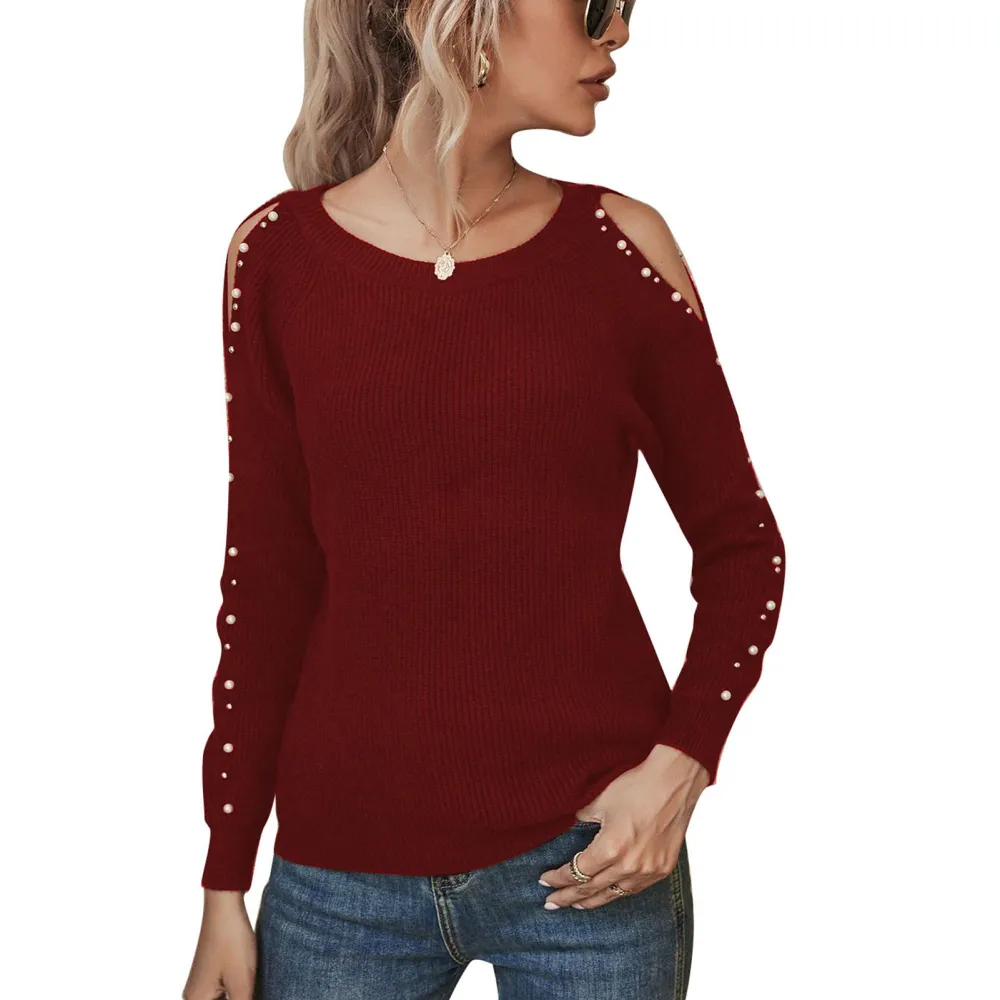 Women Off Shoulder Sweater Round Neck Long Sleeve Beaded Autumn and Winter Women Pullover Sweater for Daily Work Party Red L