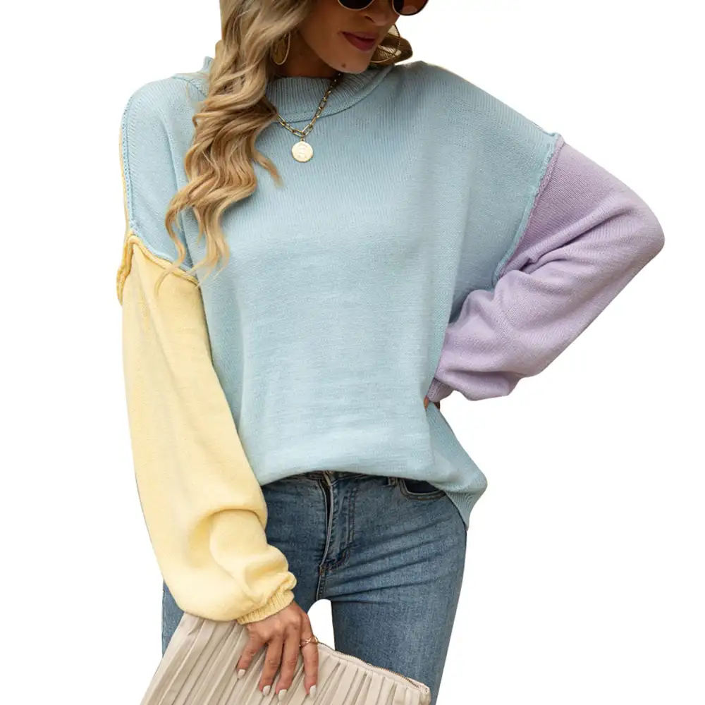 Knit Sweater Color Blocking Round Neck Pullover Drop Shoulder Long Sleeve Sweater For Women Blue L