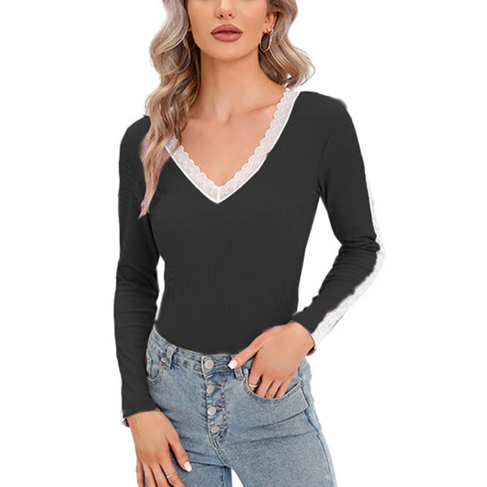 Slim Fit Base Shirt Lace V Neck Long Sleeve Thick Comfortable Basic Tops for Women Black M