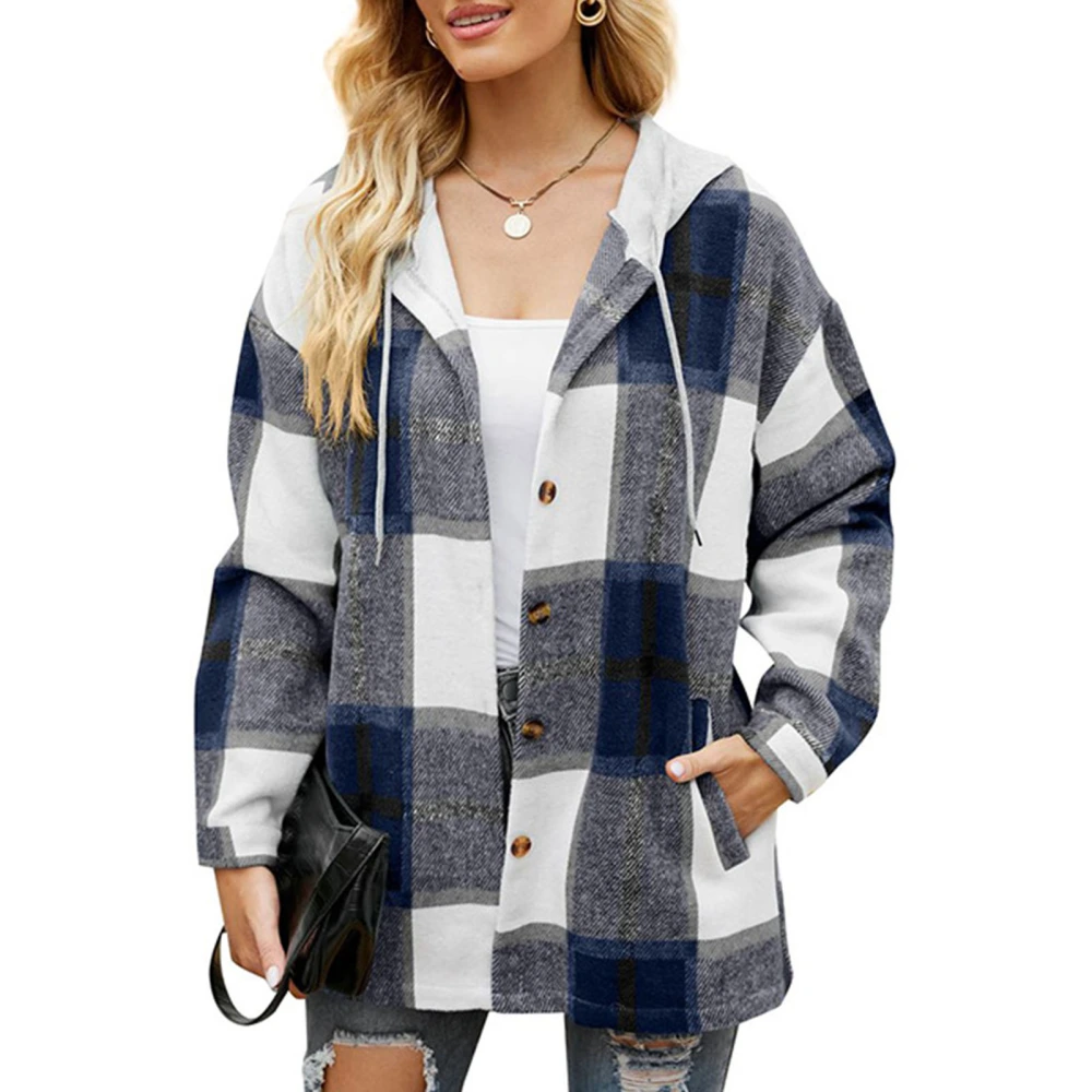 Women Cardigan Sweatshirt Stylish Casual Autumn Winter Color Blocking Plaid Women Casual Hooded Sweatshirt Dark Blue S