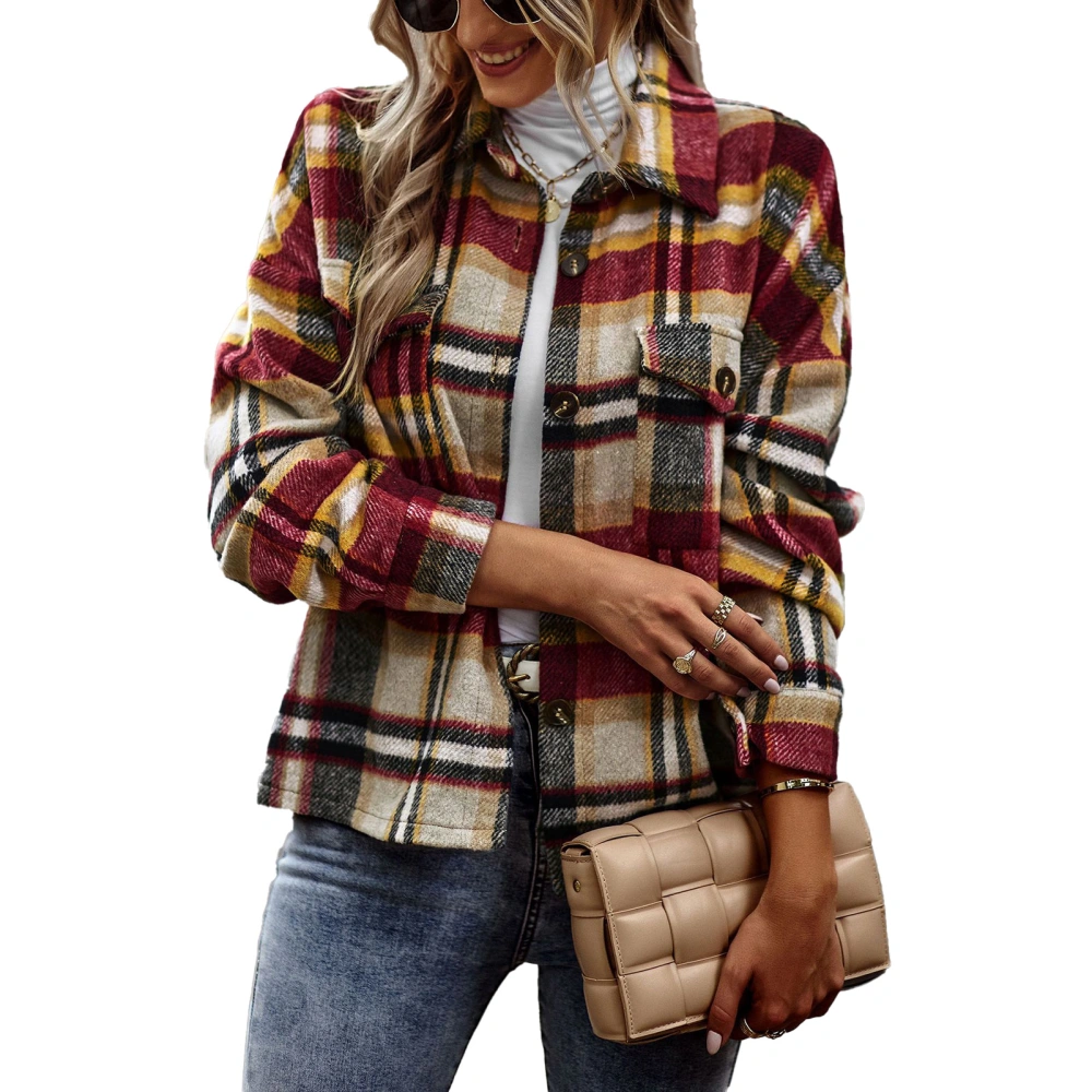 Women Plaid Long Sleeve Shirt Coat Casual Collared Button Down Blouse Top for Daily Wear Red M