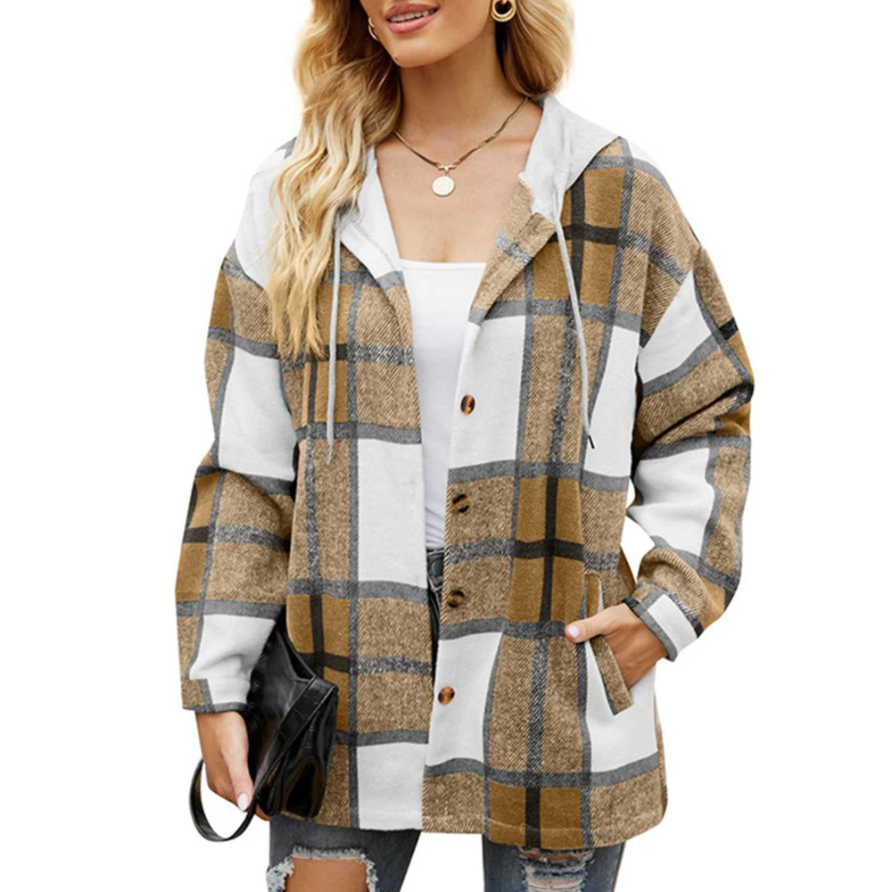 Women Cardigan Sweatshirt Stylish Casual Autumn Winter Color Blocking Plaid Women Casual Hooded Sweatshirt Khaki L